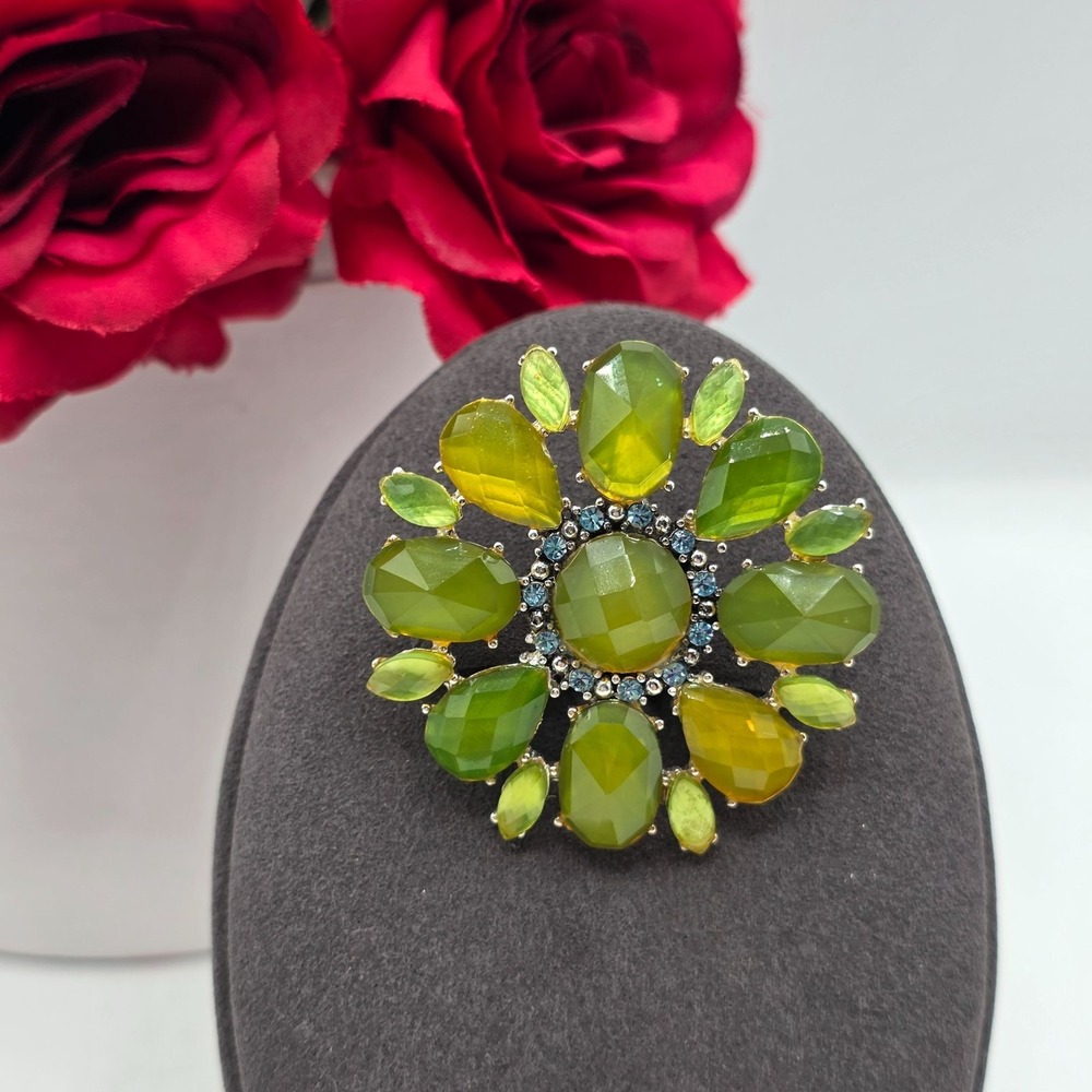 Liz Claiborne Vintage‎ Estate Art Deco Style Brooch Green Amber Gemstones Glam